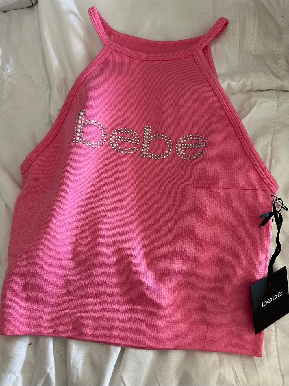 bebe y2k Hot Pink Rhinestone Logo Halter Tank